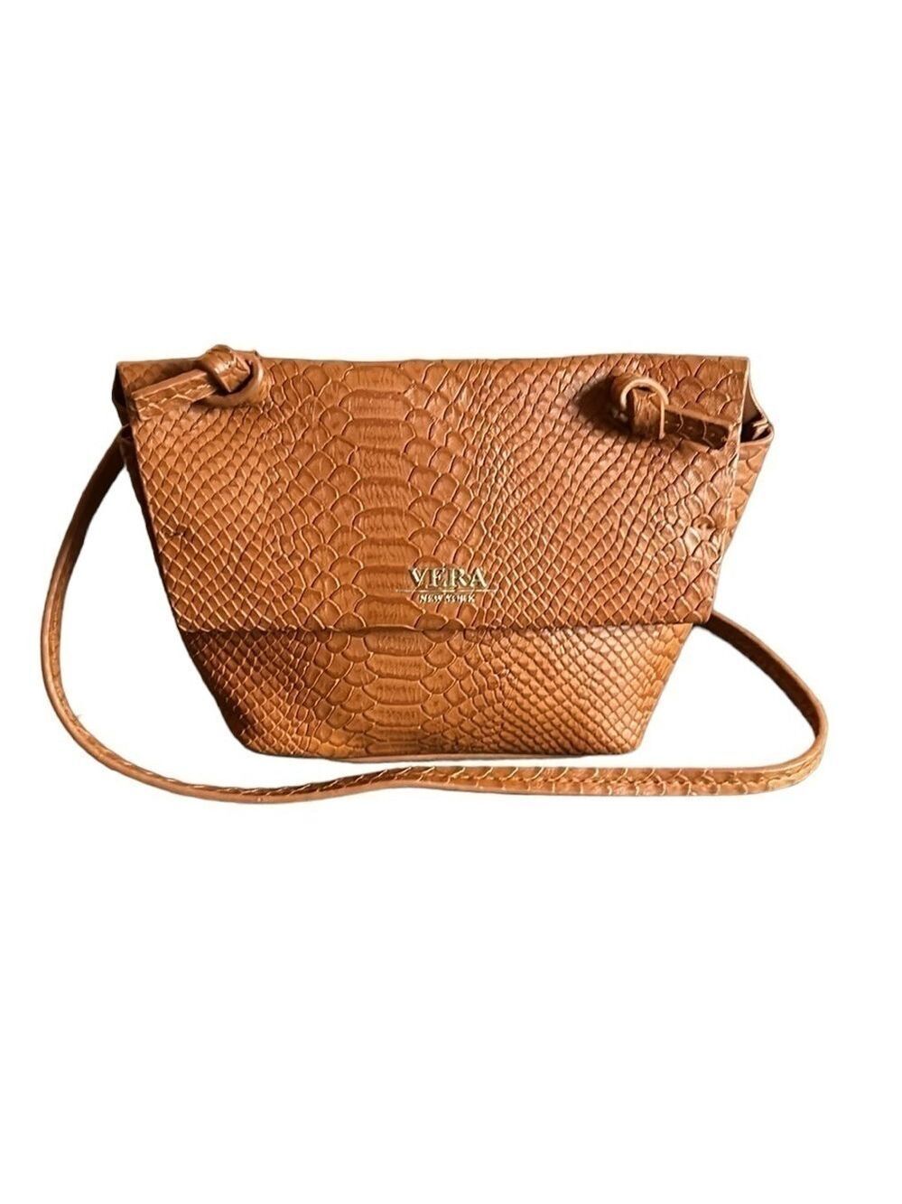 Vera New York Genny Crossbody Handbag Croc Embossed Vegan Leather Toffee Brown